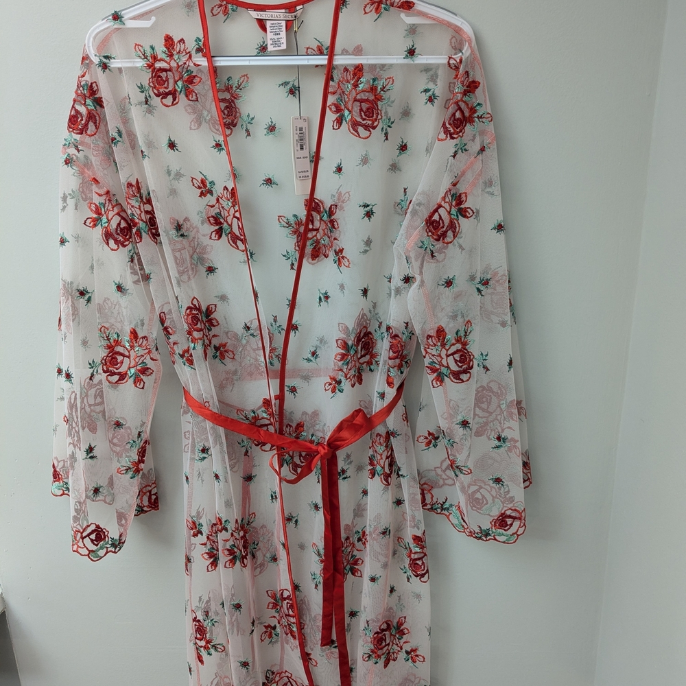 Victoria's Secret Sheer Robe with Red Floral Design